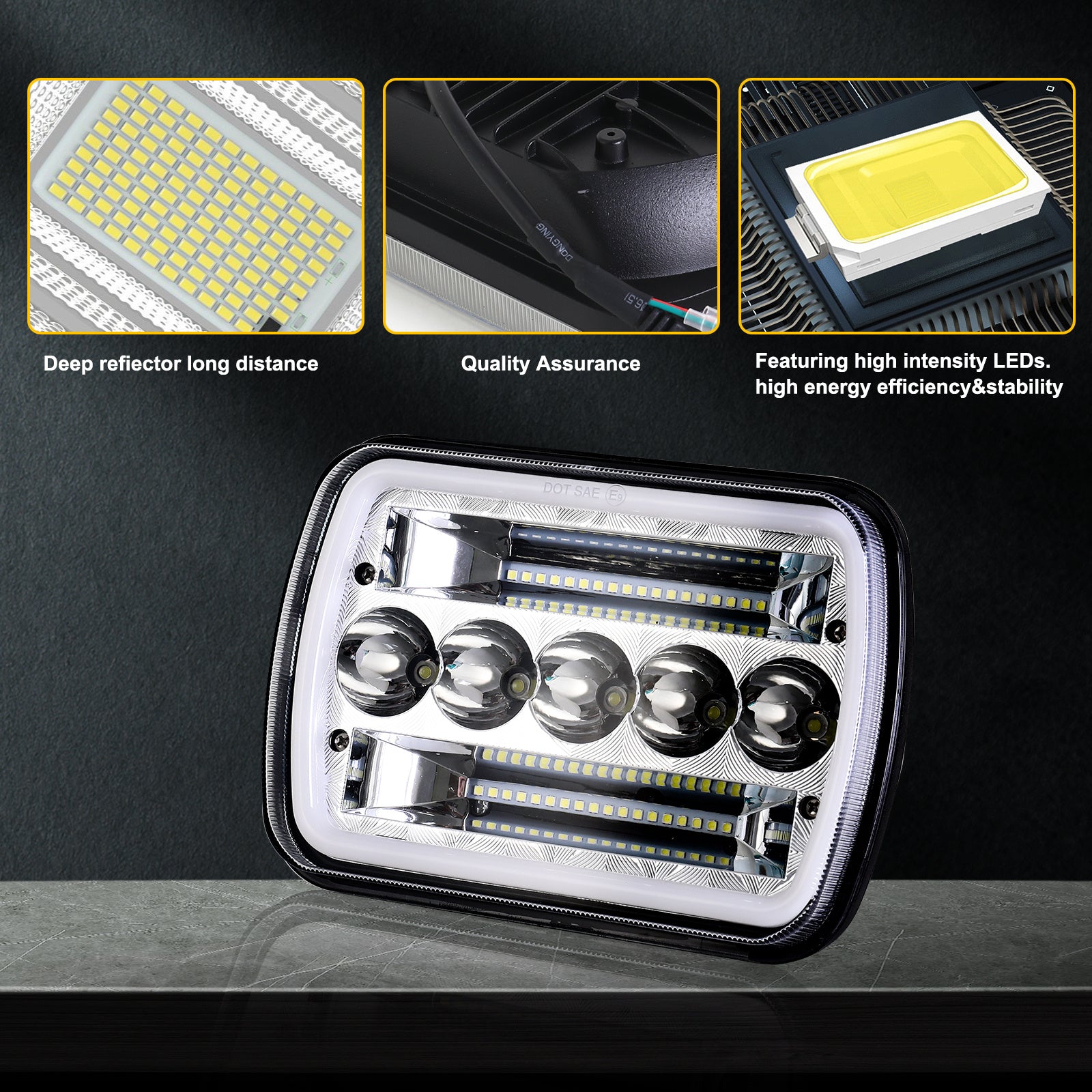 7-Inch Five-Eye Angel Eye Square Light (Pair) Four-Light Mode, 60W Headlight, Suitable for Most Vehicles with 7x6 Inch or 5x7 Inch Sealed Beam Headlights