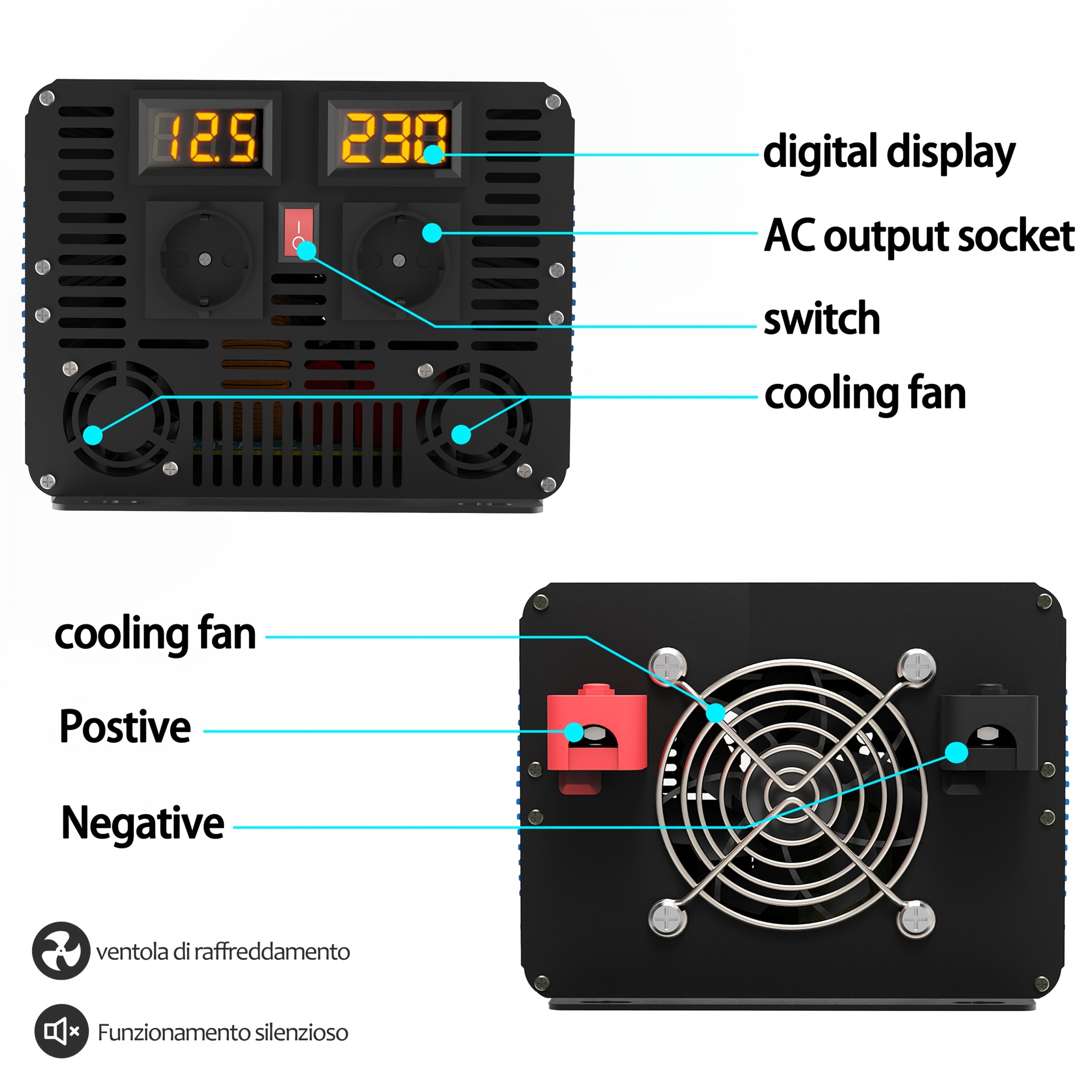 8000W峰值4000W持续高功率纯正弦波车载电源逆变器， 12V 转 AC 220V230V，高功率工业逆变器，适用于房车、户外露营、空调，带过载保护，无电池，适合手机、笔记本电脑及其他设备