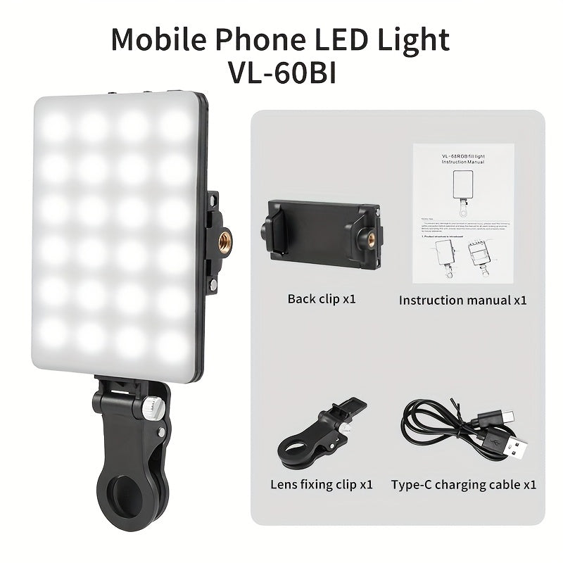 VL-60BI Rechargeable LED Video Light, Clip-on Fill Light, 2000mAh Battery, USB Charging, Bi-Color Dimmable, for Vlog Live Streaming Conference Photography