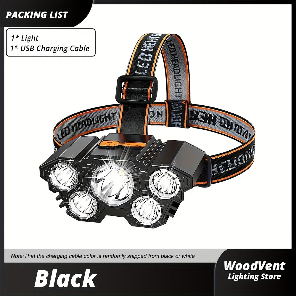 1Pc 5 LED Headlamp, USB Rechargeable, Hands-Free Design for Fishing, Adjustable Beam Angle, 4 Lighting Modes, Perfect for Fishing, Hiking, Camping and Outdoor Activities