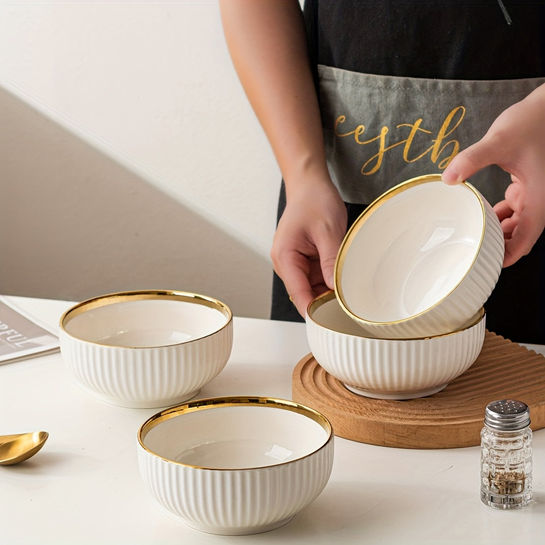 4-Piece Luxury Gold Rim Ceramic Noodle Bowl Set, Salad & Fruit Bowl, Round Kitchen Tableware – Dishwasher Safe