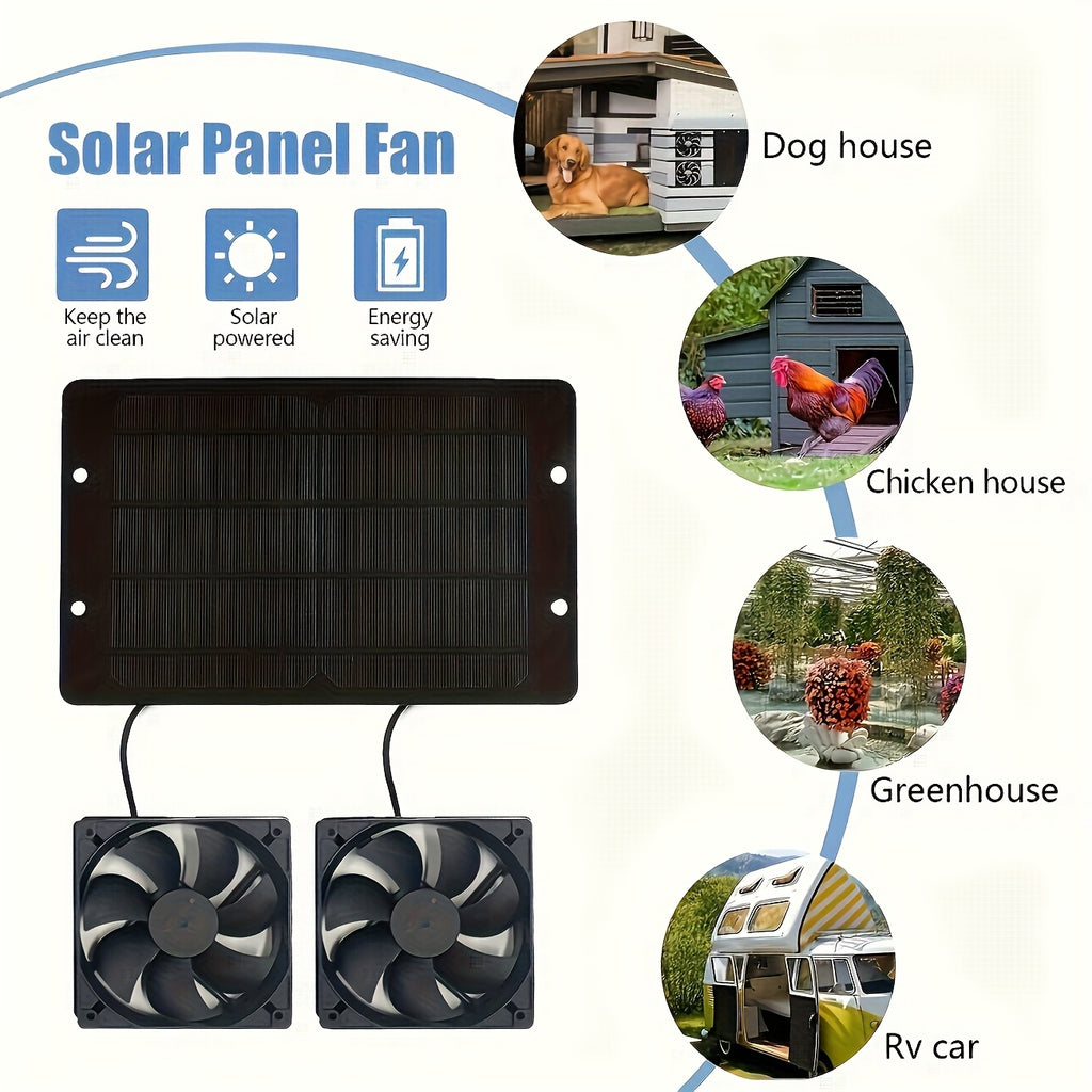 10W/12V Dual Fan Solar Powered Electric Ventilator, Solar Ventilation Exhaust Fan Kit for Outdoor Air Circulation, Ideal for Chicken Coop, Greenhouse, Shed, Pet House and Window Use, Battery-Free Operation