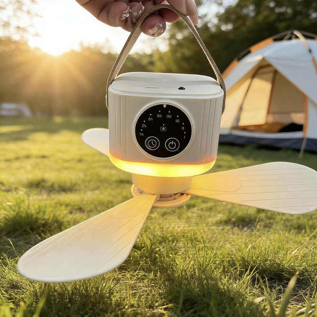 Camping Ceiling Fan, 3-Level Ambient Light, 4-Speed Timer & 4 Wind Speed Adjustment, Remote Control, USB Charging, Long Lasting Battery, Suitable for Camping, Home, Bedroom, Desk, Travel, Car, Dormitory, Workshop