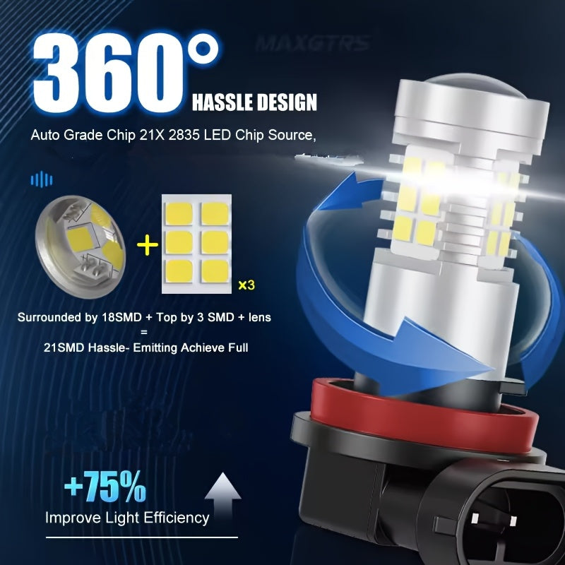 2Pcs H8 H9 H11 21SMD LED Headlight Bulbs High/Low Beam 6000K White Car Front Fog Light Driving Light Daytime Running Light Car Motorcycle 12V-24V