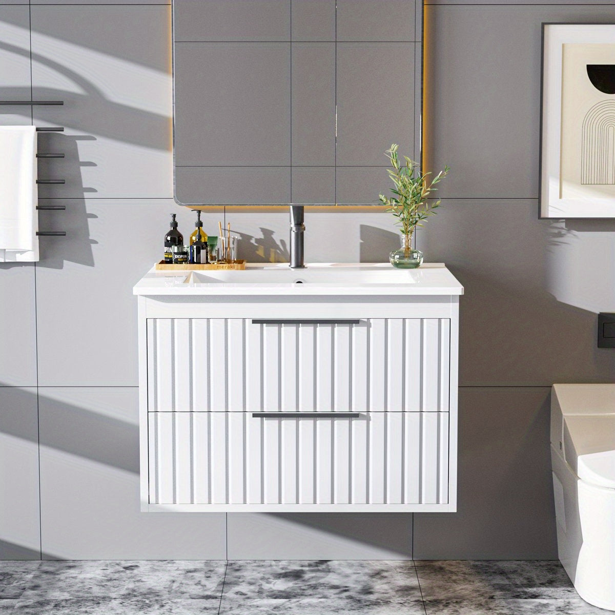 Bathroom Vanity with Sink - Wall Mount Floating Basin Cabinet, Soft-Close 2 Large Drawers, Modern Textured Stripe Design, Hidden Damping Drawers