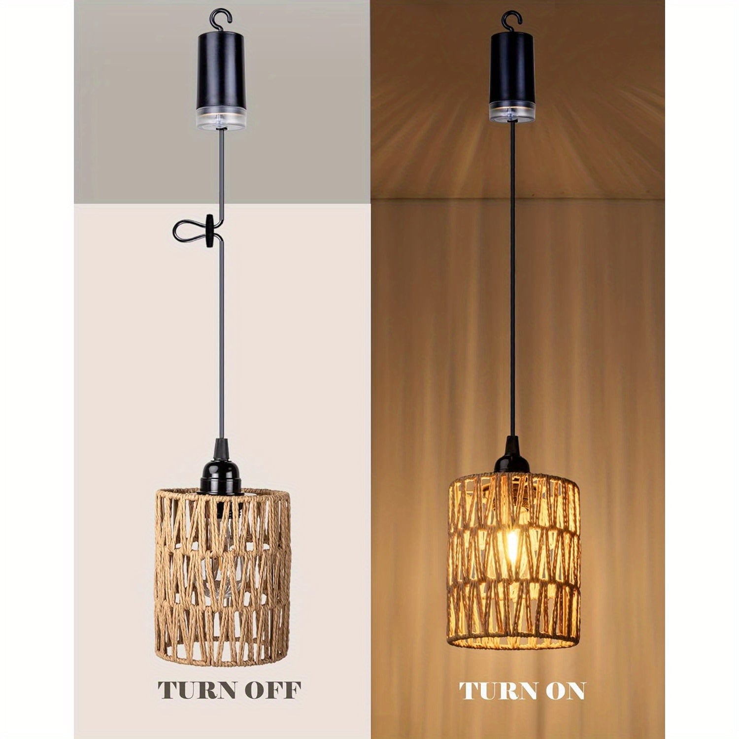 Battery-powered pendant light, battery hanging lantern, rattan light with warm white bulb, powered by 4 AA batteries, suitable for gazebo, pergola, porch, patio, outdoor and indoor decoration