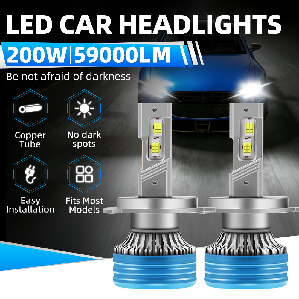 2 Pcs LED Car Headlights 200W 59000LM Super Bright White Turbo Fan Copper Tube No Black Spots Plug-and-Play Easy Installation 300m Lighting Range Fits Most Car Models, No Battery Included