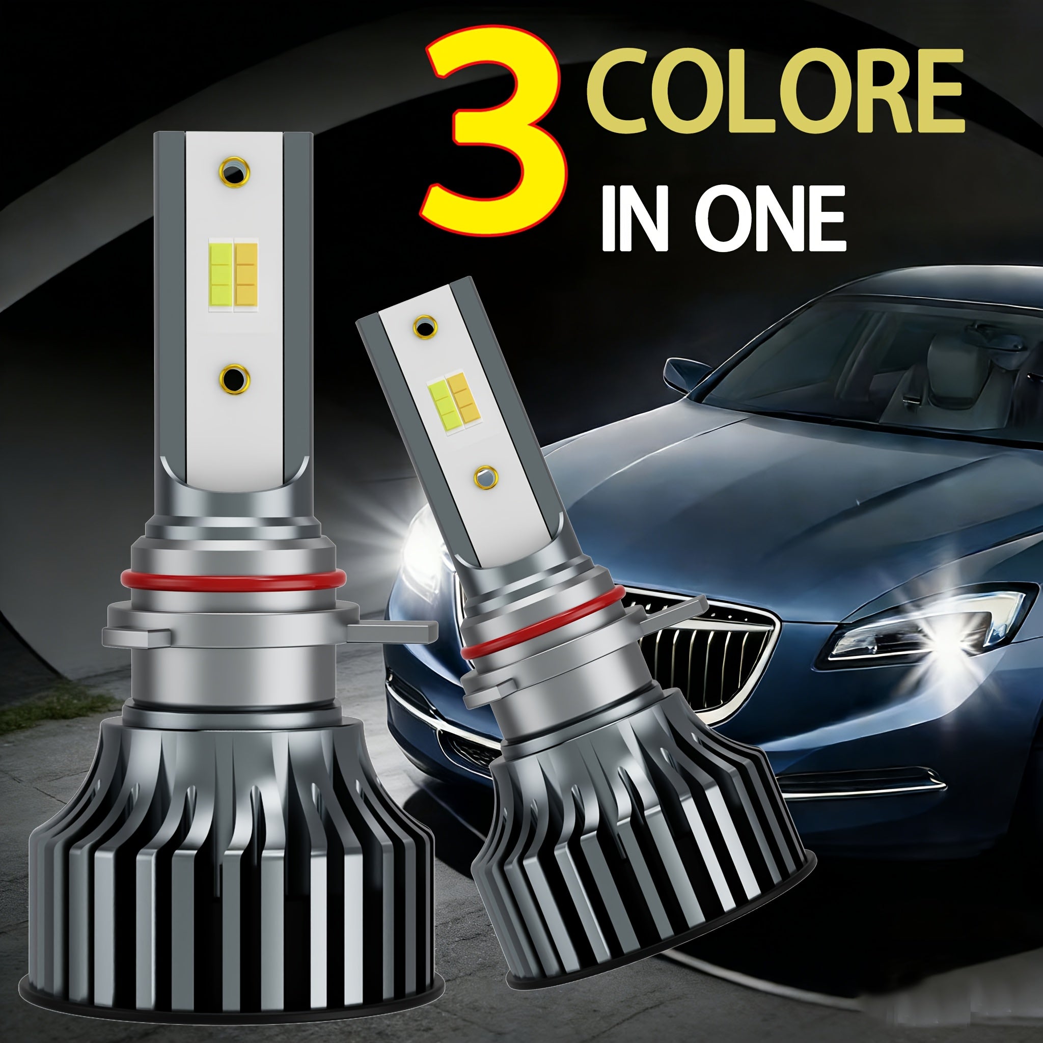 Tri-Color Car LED Headlight Kit, 2-Pack, H1 H4 H7 H11 9005 9012, 60000LM, Super Bright Fog Light Bulbs, Universal Compatibility, No Battery Included
