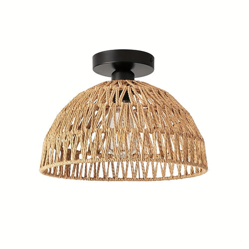 1 Bohemian Style Rattan Lamp with E27 Socket - Handwoven Rope Design, Semi-Flush Mount, Suitable for Bedroom, Hallway, Kitchen, Living Room, Dining Room Pendant Light, Rustic Coastal Style