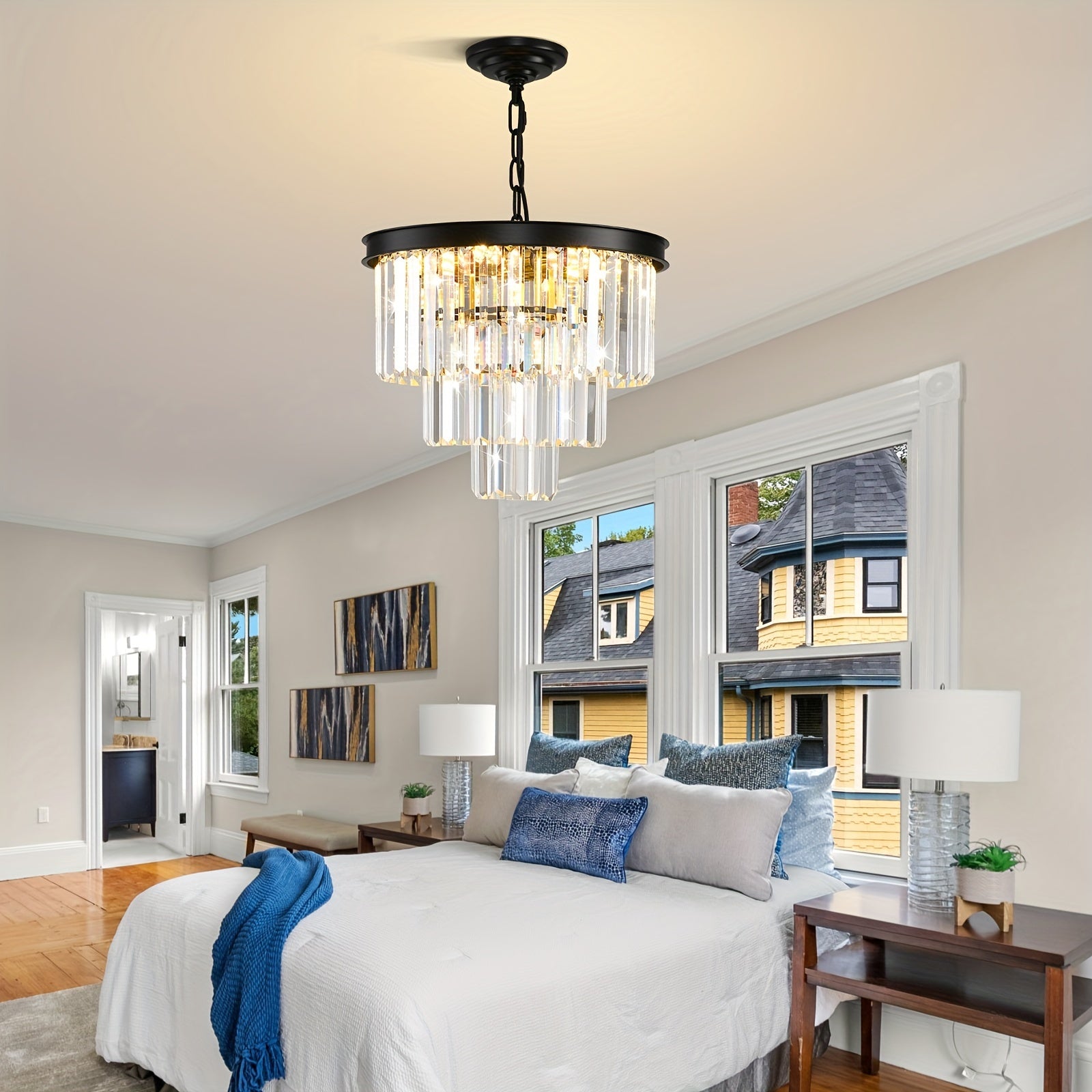 Modern Crystal Chandelier Gold 15.7-Inch Round Pendant Light, 7-Light Ceiling Chandelier Fixture for Dining Room, Raindrop Luxury Black Flush Mount Chandelier for Entryway Living Room