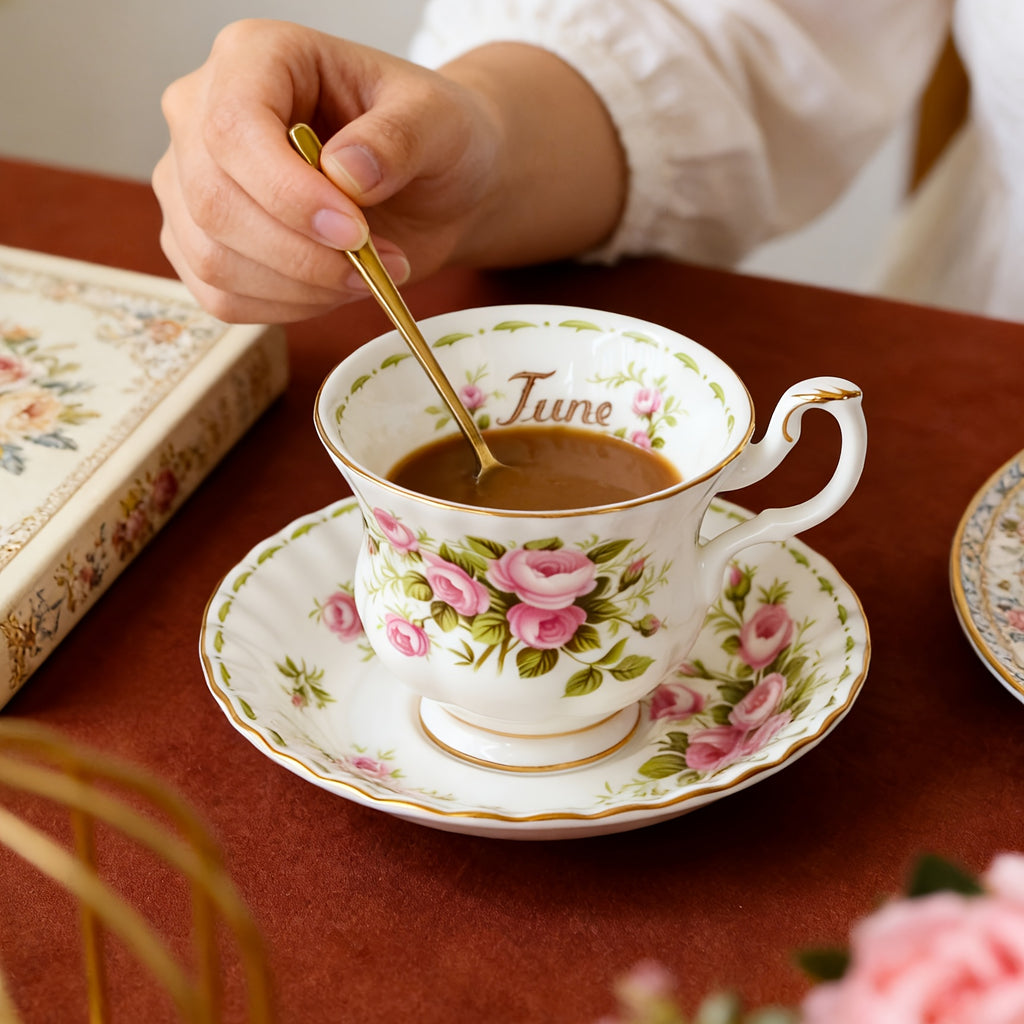 1pc Elegant Twelve Months Flower Tea Cup & Saucer, 6oz Vintage Bone China Coffee Cup & Saucer, Easy to Clean – Perfect for Afternoon Tea Parties, Birthday Parties, Birthday Gifts, Valentine‘s Day Gifts