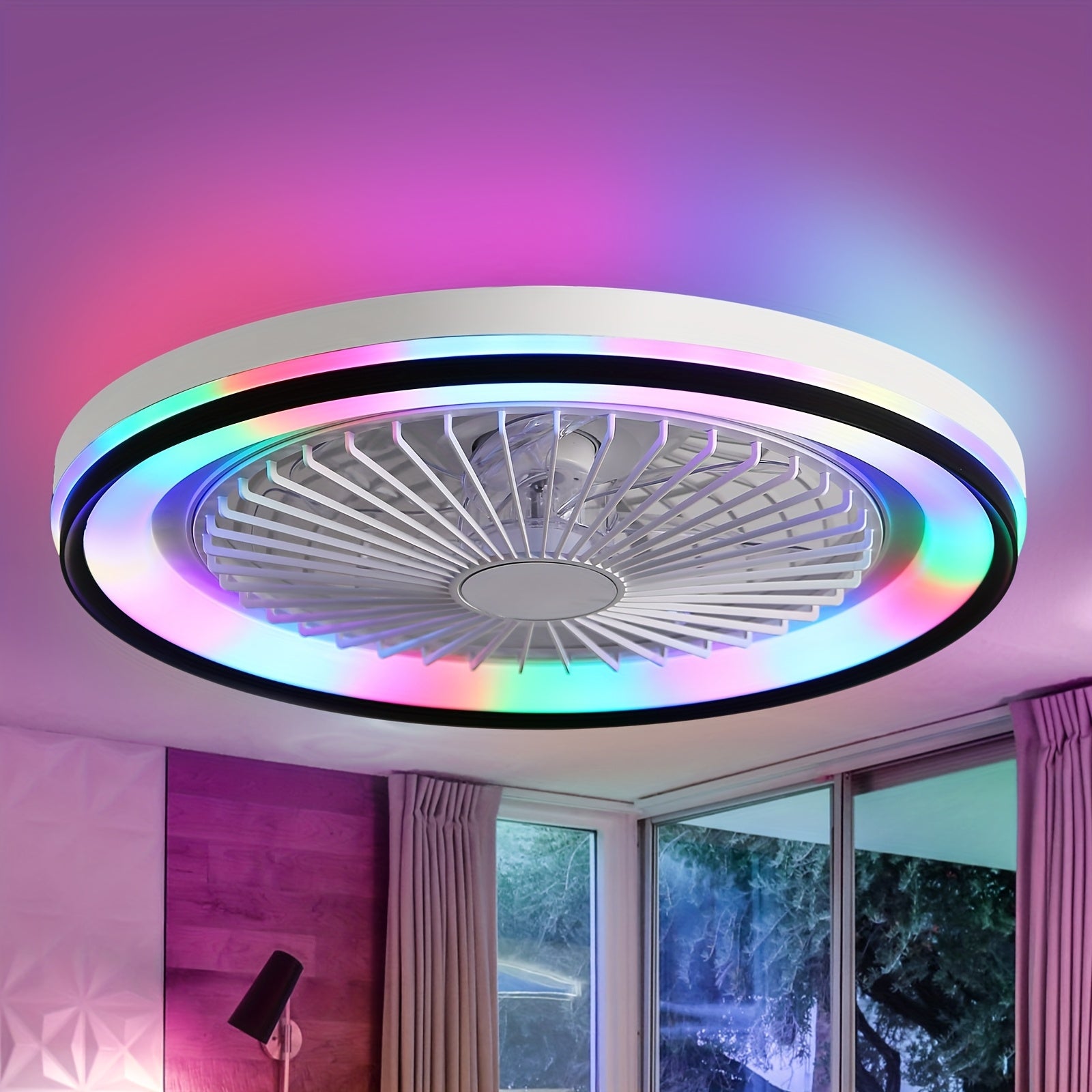 Sofucor 19 Inch Modern Ceiling Fan | RGB Color Changing Light, Dimmable Remote, Reversible DC Motor, 7 Blades & 3 Timers, for Living Room, Dining Room, Study & Bedroom
