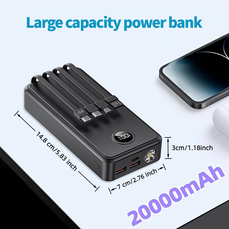 20000mAh Power Bank with 4 Built-in Cables, Travel Essential Portable Charger, 22.5W Fast Charging Battery Charger, USB-C Input/Output, 6 Output 2 Input Cell Phone Battery Pack, Smart Display Strong Light Travel Battery Pack for iPhone 16/15/14/13