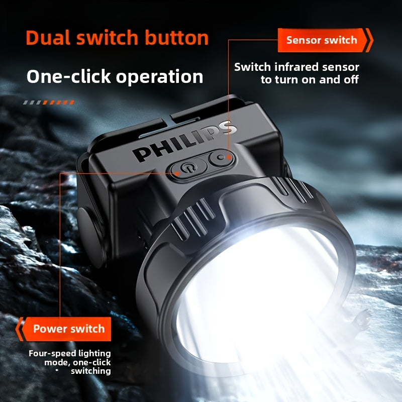 Philips Super Bright Headlamp, Rechargeable Flashlight, 200 Hours Battery Life, Smart Induction, Dual-Color Battery Indicator, Ideal for Camping, Fishing, Emergency & Outdoor Activities, High-Capacity Battery, 1200mAh - SFL1342