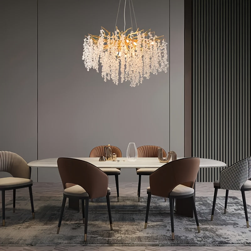 1 piece modern branch-shaped round crystal chandelier, gold handcrafted aluminum branch design, semi-flush mount installation, compatible with G9 bulbs (bulbs not included), suitable for dining room, living room, bedroom, villa