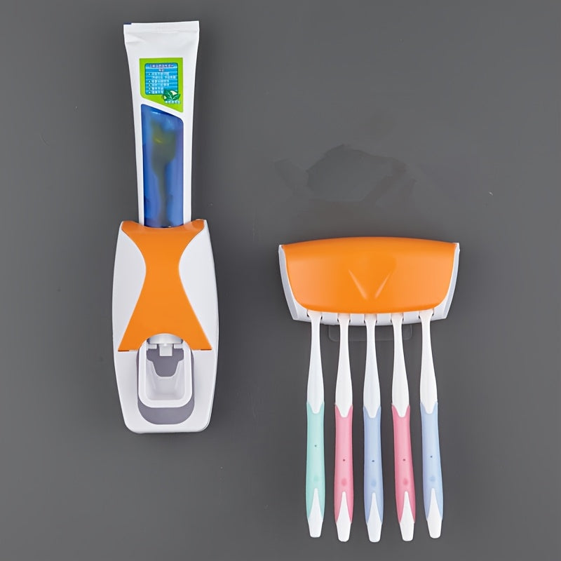 [5-Slot No-Drill] Toothbrush Holder & Press-Type Toothpaste Dispenser Set - Large Capacity ABS Plastic Wall Mount (Holds 5 Toothbrushes) - Dustproof & Moisture-Proof Design, Space-Saving