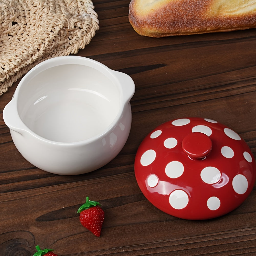1 pc, Red Mushroom Bowl with Handle, Ceramic Soup Bowl with Lid, Porcelain Soup Pot for French Onion Soup, Pot Pie, Cereal, Chilled Storage, Pasta, Beef Stew, Microwave & Oven Safe