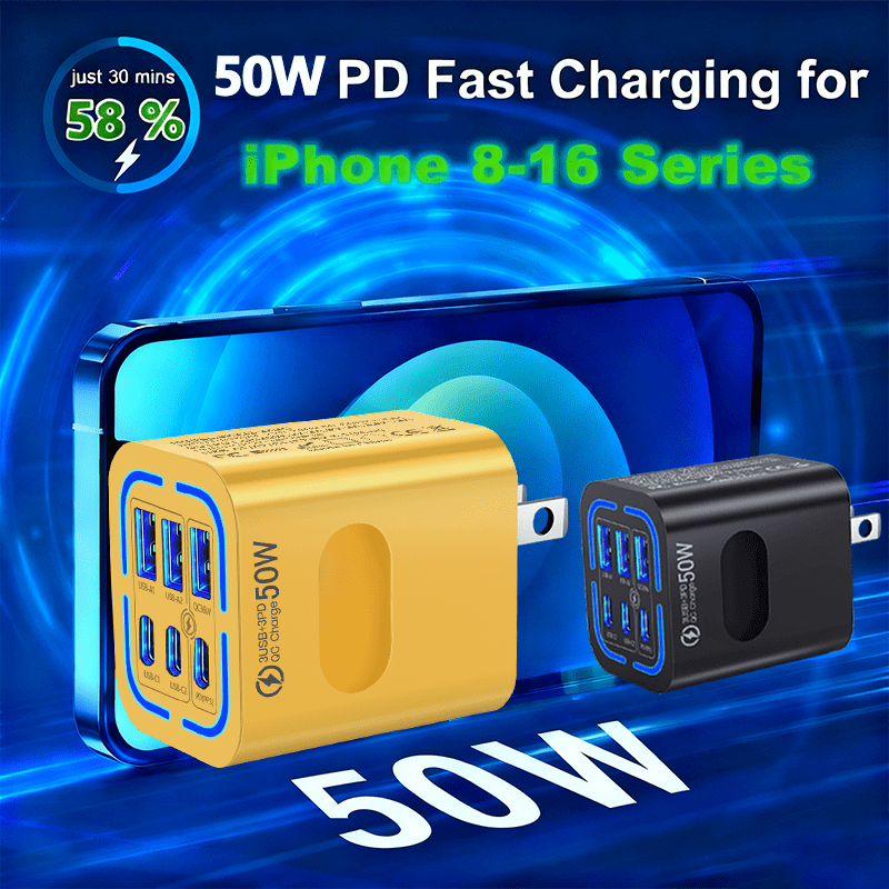 50W US Standard Plug, 3 USB-C + 3 Type C Port Compact Power Adapter | Fast Charging, for iPhone 17 16 15 14 13 12 11 Pro Max Plus, for Samsung, Airpods, iPad, MacBook - UK Charger, US Specification Plug