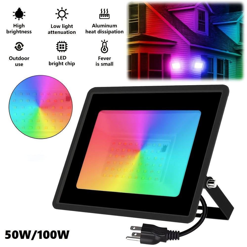50W 100W RGB Color Changing LED Flood Light, Suitable for Indoor and Outdoor, IP65 Waterproof, Perfect for Halloween Parties, Outdoor Uplighting, Landscape Spotlights, Ground Uplighting, Color Floodlights, Wall Washer Lights and Stage Lighting.