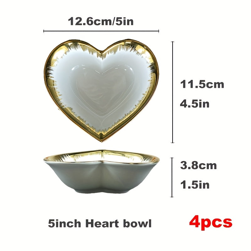 Set of 4, Ceramic Snack Bowls, High-End Electroplated Gold Small Appetizer Plates, 5-Inch Elegant Heart-Shaped Ceramic Bowls, Dessert Bowls, Table Bowl for Cereal, Fruit
