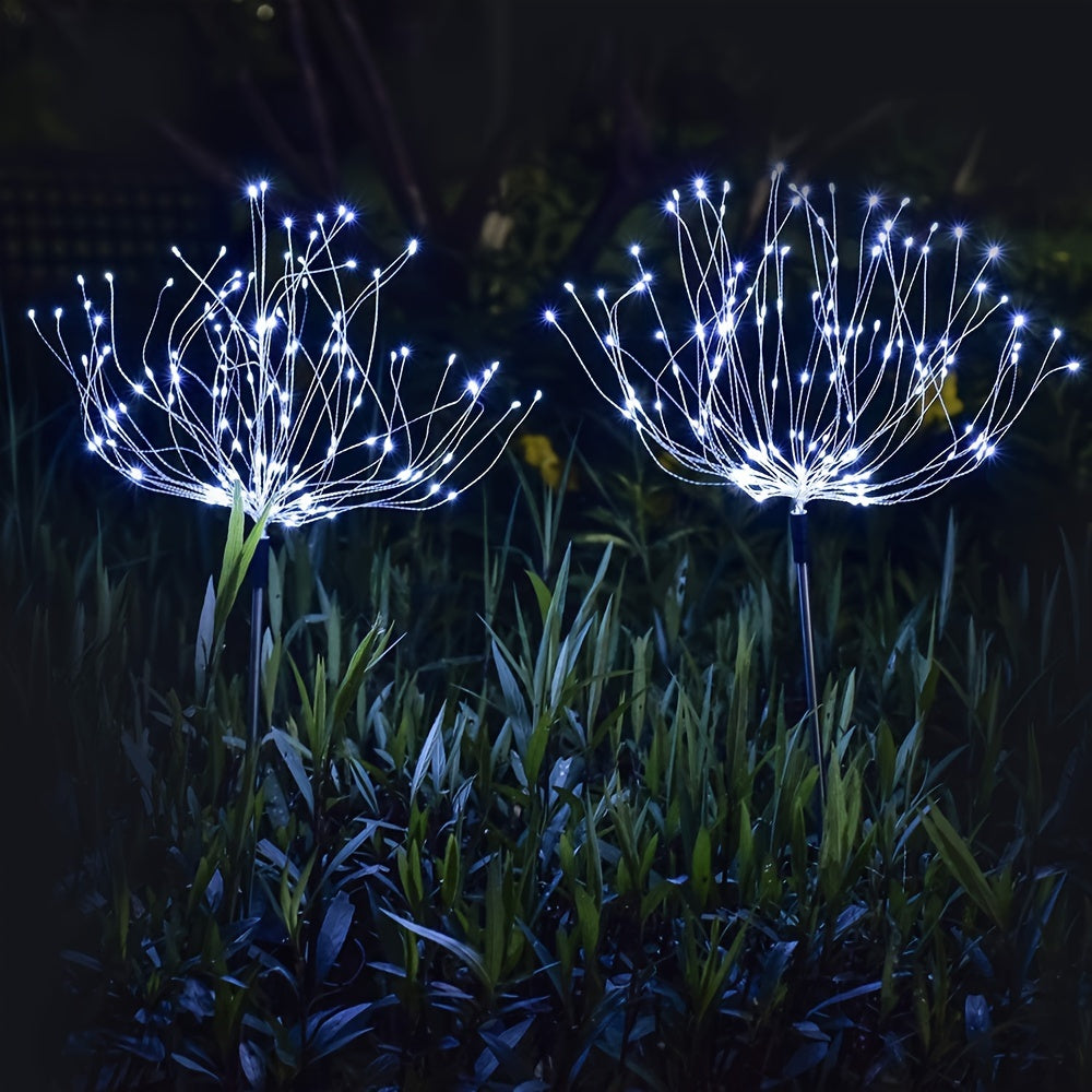 2个太阳能花园烟火灯 - 90颗LED，智能光感自动亮度调节，适合庭院、后院及小径装饰