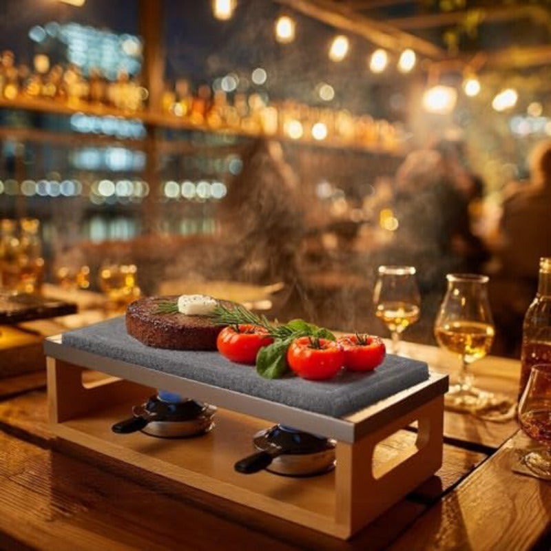 Artestia Volcanic Stone Grill | Smokeless BBQ Grill with Bamboo Stand, Fast-Heating Natural Volcanic Stone Cookstones, Ideal for Dinner & Family Entertainment, Dual Grill Racks, 14.56" x 6.69"