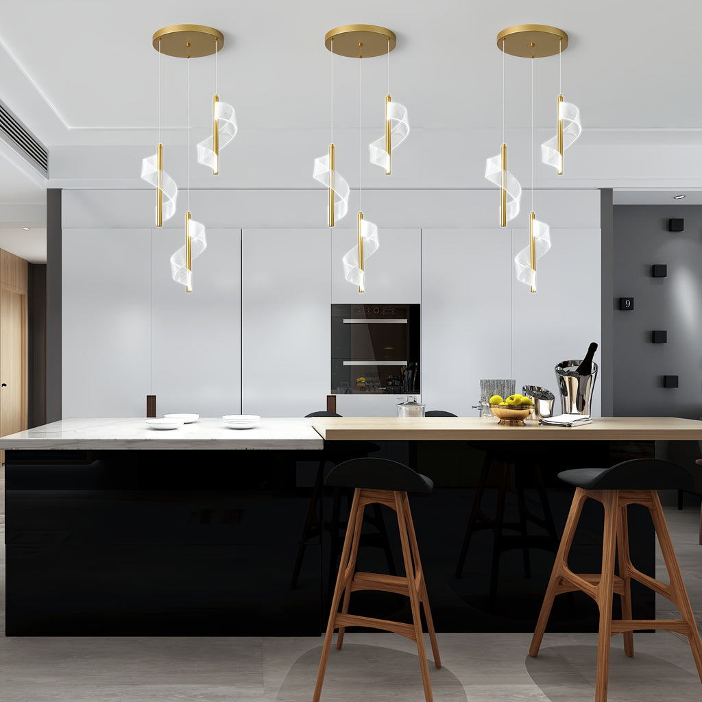 Ganeed modern ceiling gold pendant light, LED 6000K cool white 3-light pendant light, 18W height-adjustable semi-flush mount pendant lighting fixture, suitable for kitchen island, dining table, living room
