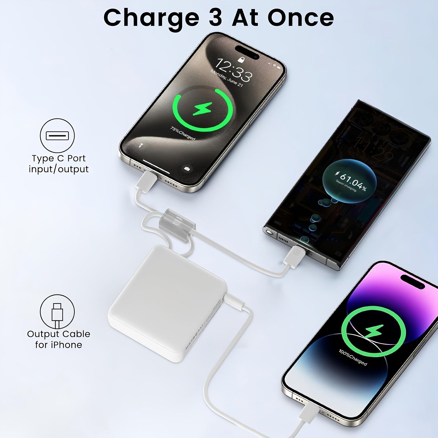 22.5W Super Fast Charging Power Bank with Built-in Cable & Lanyard - 10000mAh Ultra-Thin & Compact, LED Digital Display, USB-C Port, Essential for Travel, Christmas Gift, Compatible with iPhone, Android & Samsung (Black/White Colors), Onthego