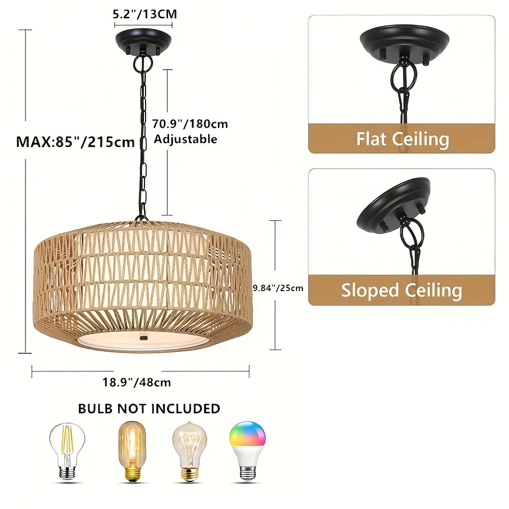 Farmhouse pendant light, 1/5-light bohemian woven pendant light, dining room light fixture with fabric lampshade, hand-woven large lampshade suitable for kitchen, bedroom, island, hallway, dining room light fixture (bulb not included!!!)