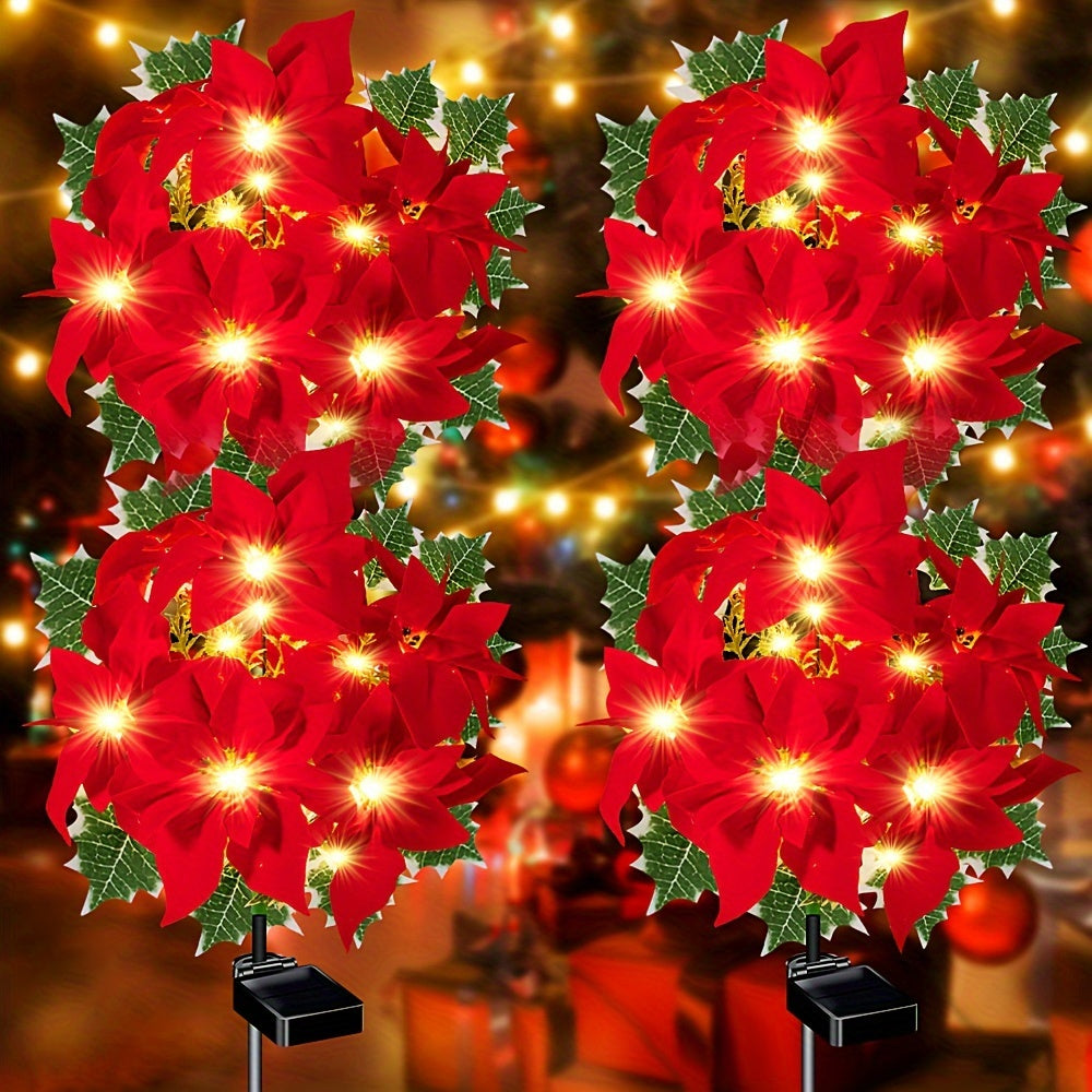 4-Piece Solar Poinsettia Christmas Garden Light - 7 LED Red Flowers and Green Leaves, Outdoor Holiday Decoration for Path, Garden, Lawn and Courtyard, Holiday Solar Charging Design, Solar Christmas Light