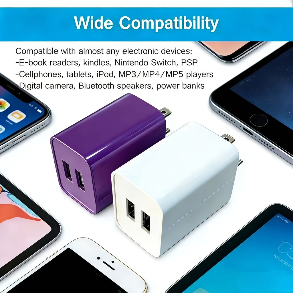 Dual Port Charger with 5V2A Output, Includes a 10 USB Wall Charger, Comes in a 2-Pack USB Adapter, Compatible with for Ipad And Iphone Models 15 Through 5, As Well As Samsung Galaxy S Series, LG, HTC, Moto, Kindle