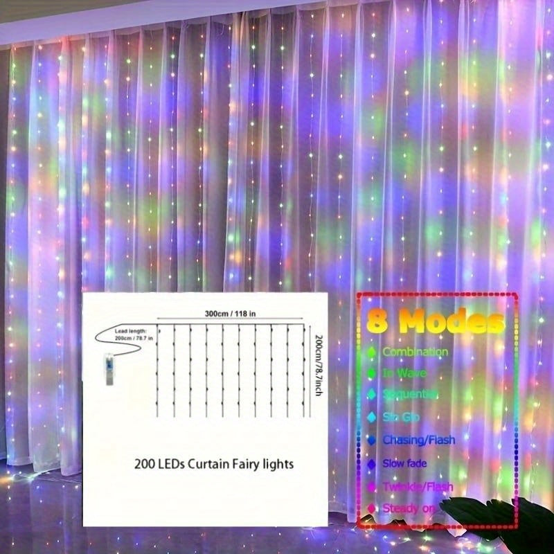 LED 氣氛窗簾燈，氣氛窗簾燈，適用於臥室，冷白色，USB 插電，8 種模式吊燈串燈，附遙控器，適合聖誕節、臥室、室內、婚禮、派對等裝飾，適合所有季節