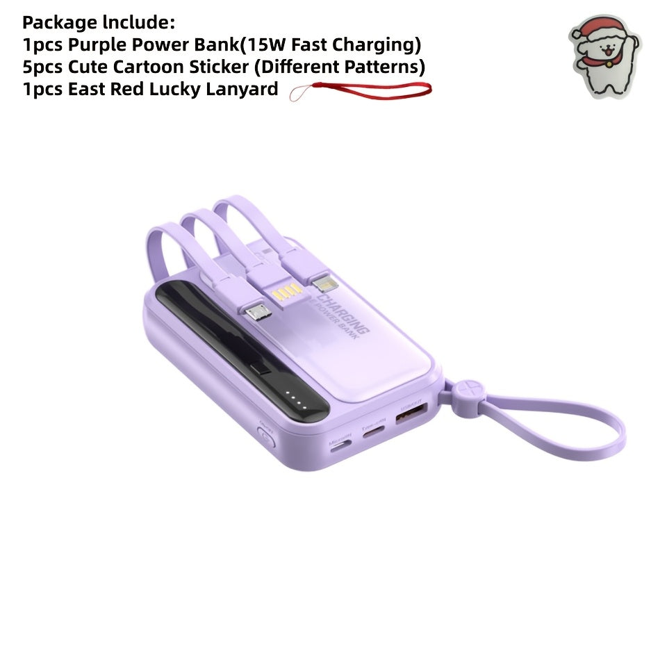 這是一款可愛設計的超薄 10000mAh 電池，提供 5-15-22.5W 超快充。它具有大容量、可充電功能，並配備四條內建充電線。