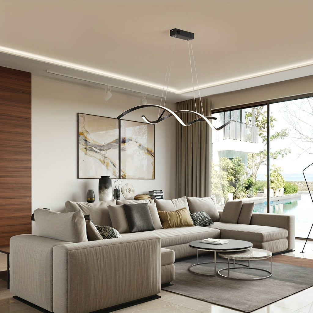 Qcyuui adjustable height hanging light fixture, modern pendant lighting adjustable wave-shaped flush-mount LED pendant light, with remote control, suitable for dining room, kitchen island, living room, kitchen lighting, home lighting