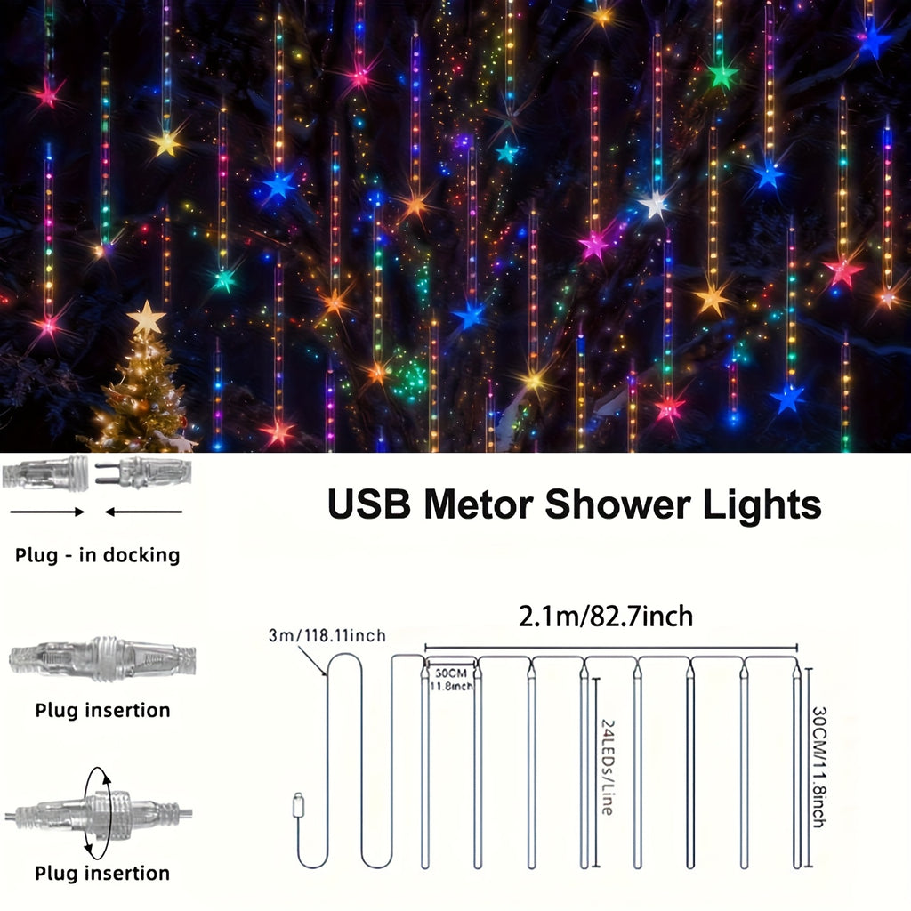 1入 200 LED 聖誕流星雨冰塊燈串，聖誕燈飾室內裝飾，8管 USB供電 仙女燈串，IPX4防水，滴落冰塊雪花雨滴燈，適用於居家、花園、庭院、生日派對、婚禮、聖誕節裝飾