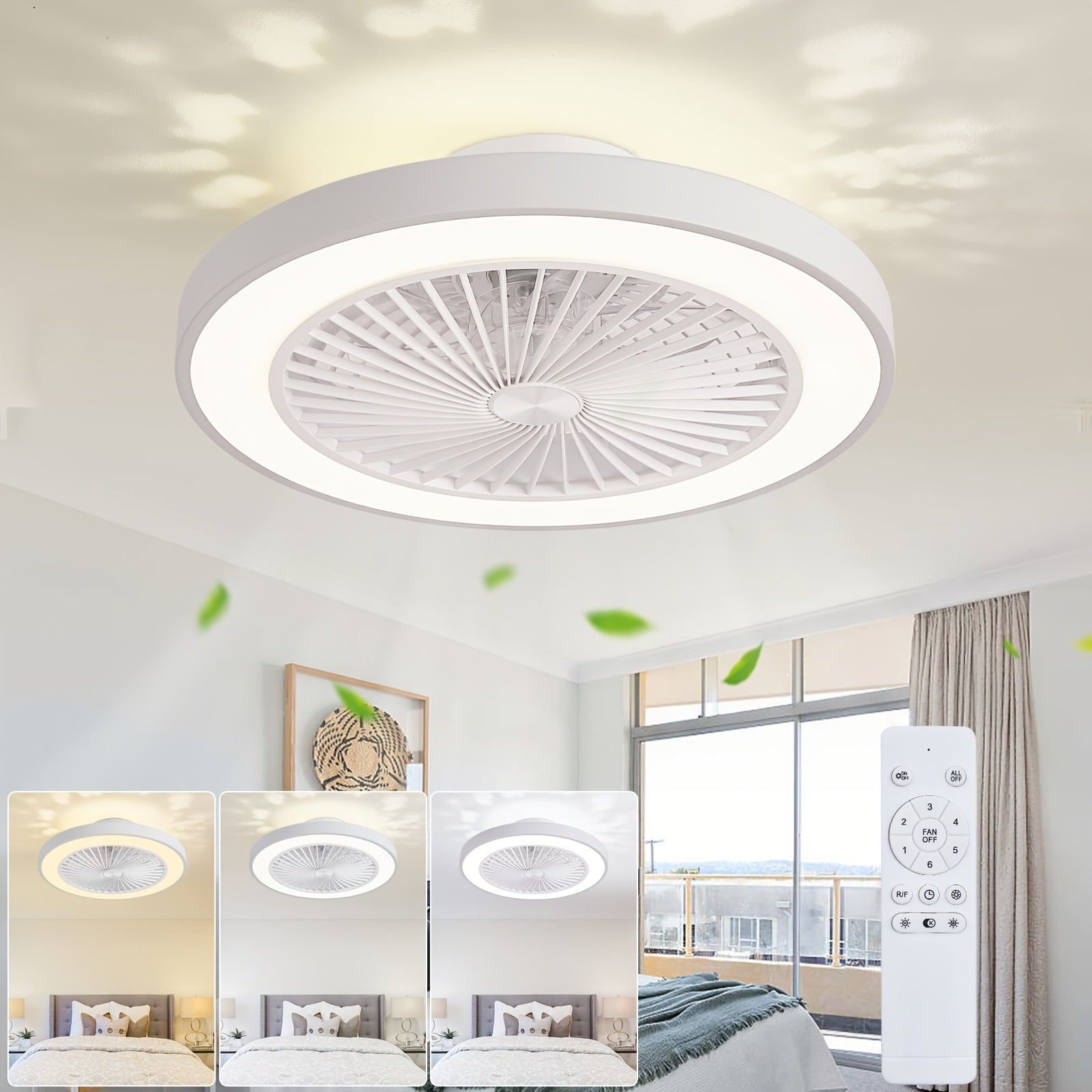 Low Profile Flush Mount Ceiling Fan with Light, 6-Speed Dimmable Bladeless Reversible Fan Light, Suitable for Bedroom, Dining Room, Living Room, Kitchen