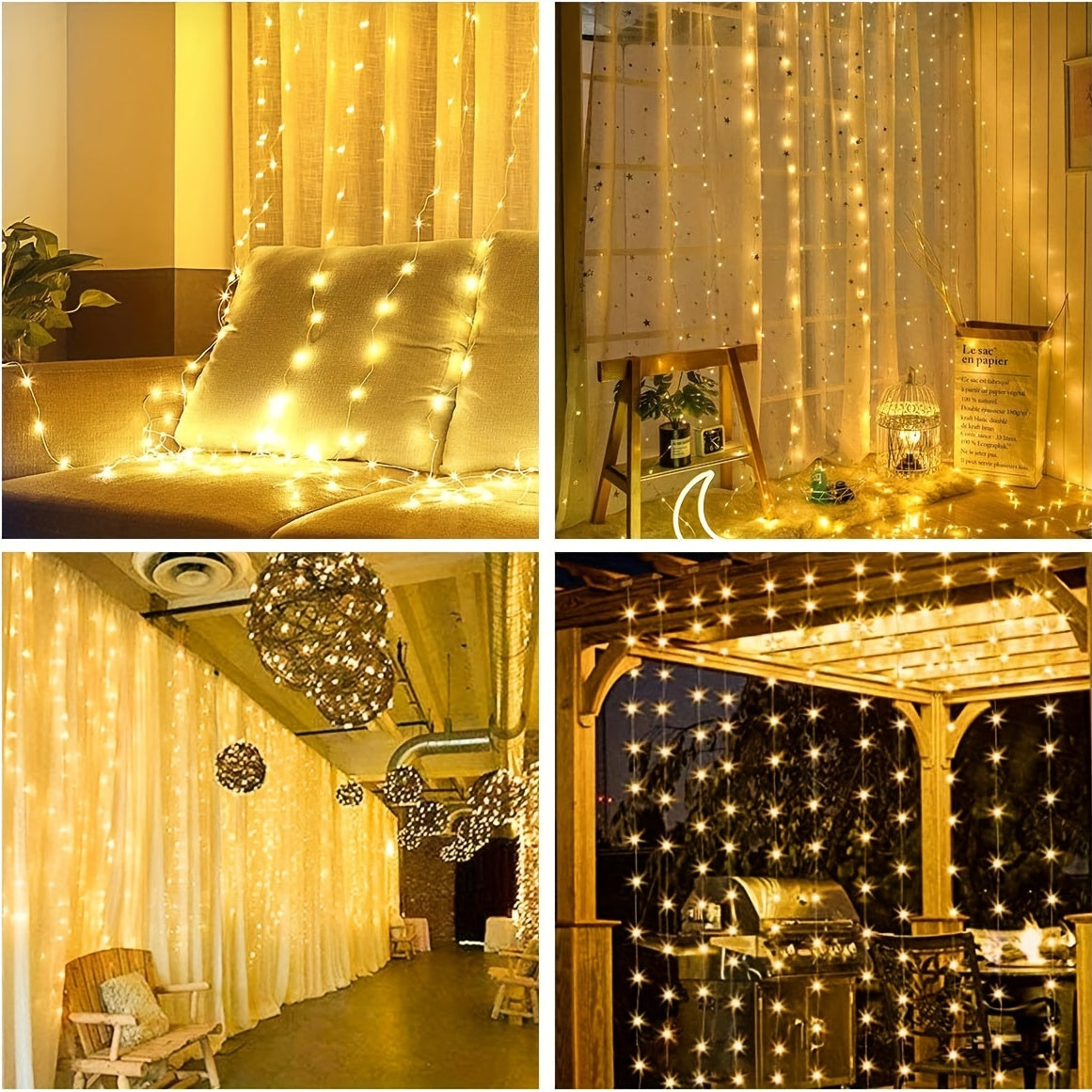 Ledoor 提供一套窗帘灯，包含 100、200 或 300 个 LED，适用于卧室。这些暖光灯有 3.3、6.5 或 9.8 英尺 x 9.8 英尺的尺寸可选。它们具有 8 种不同的照明模式，并包括一个遥控器。这些 USB 供电灯具。