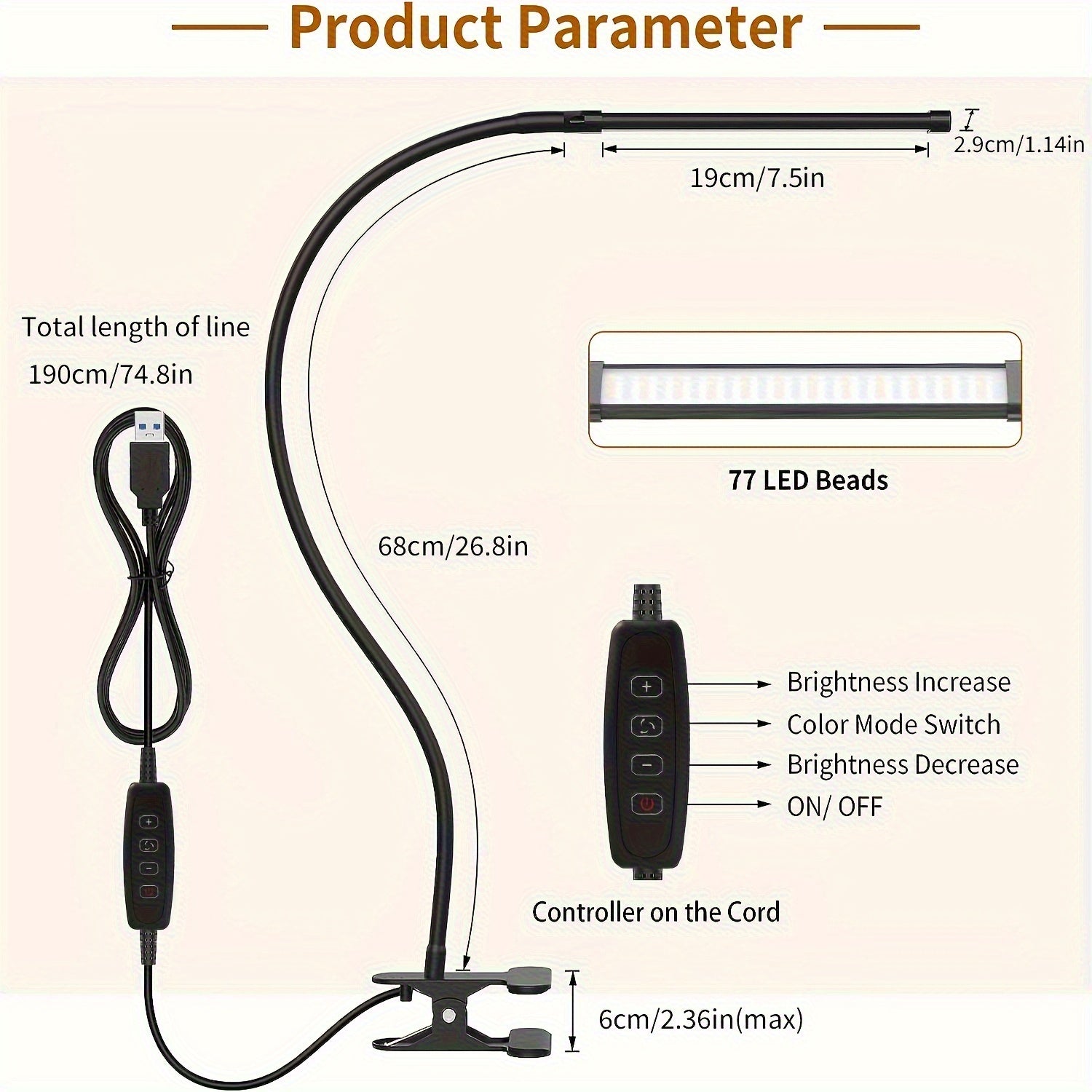 Clip-on desk lamp, soft gooseneck freely adjustable, adjustable brightness and dimmable, one-key switch: white light (efficient work), warm yellow (comfortable leisure), yellow light (romantic atmosphere), suitable for living rooms, studies