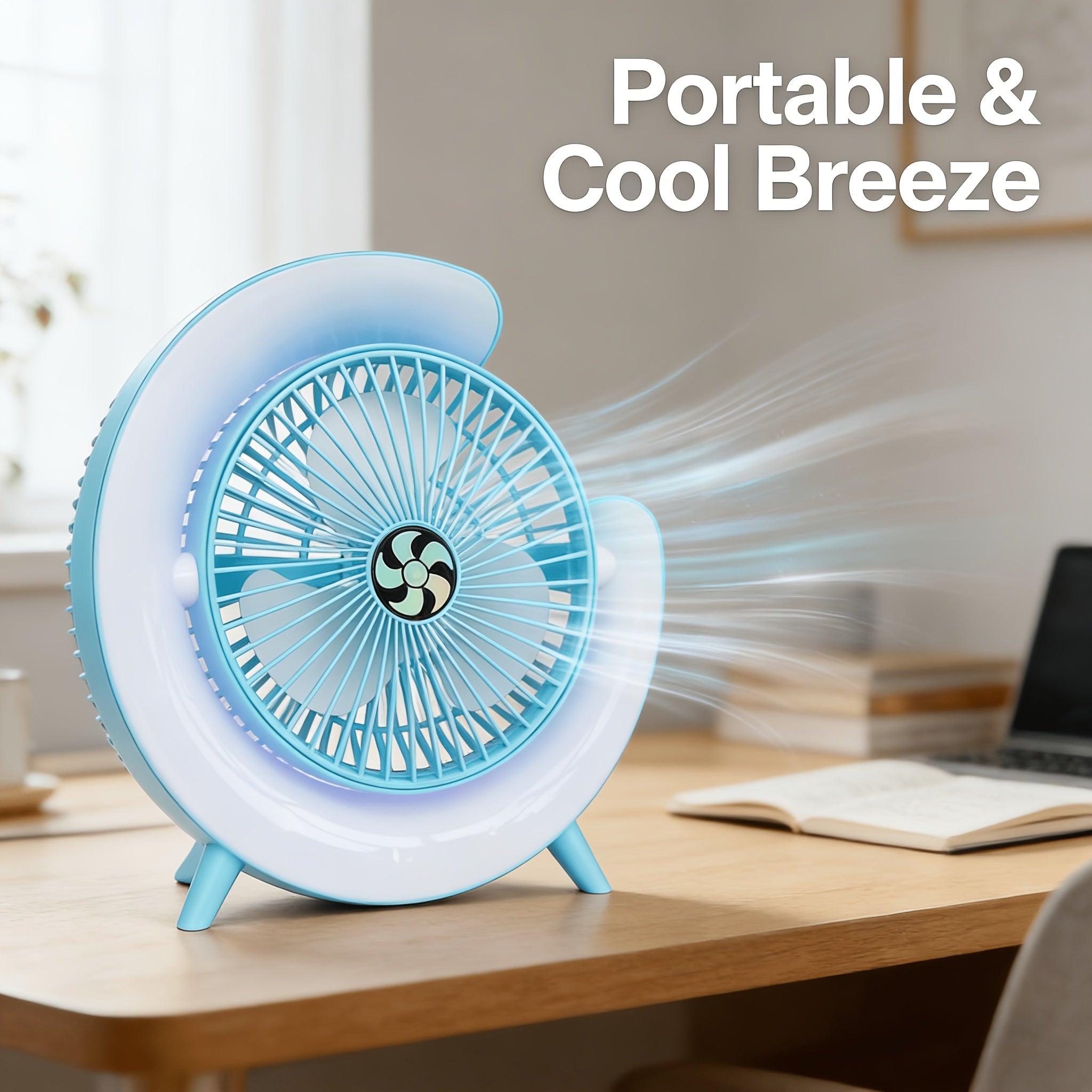 Colorful RGB Desktop Mini Fan, 3 Speed Levels, 1800mAh Long Lasting Rechargeable Battery, 9 Ambient Light Modes, Quiet Low Noise Design, Compact & Portable, Durable PP Material