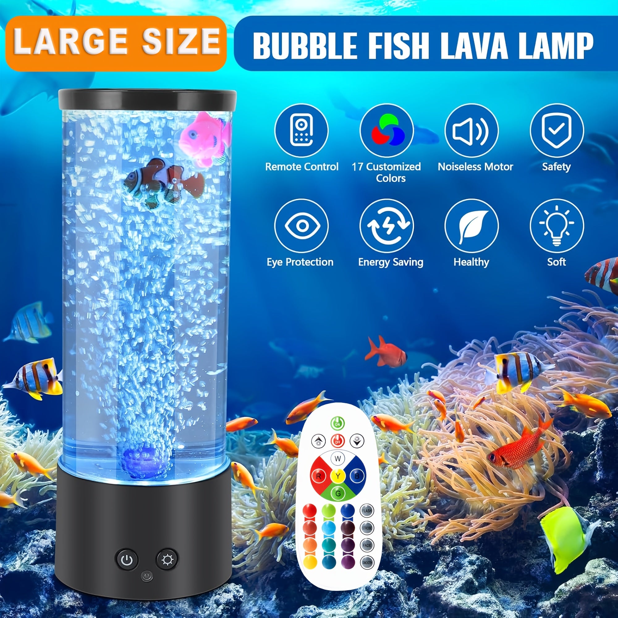12-inch bubble fish lamp, bubble tube, jellyfish lamp, bedroom table lamp, 17 colors adjustable, multi-color changing aquarium light, with remote control, dual power supply, mood night light decoration