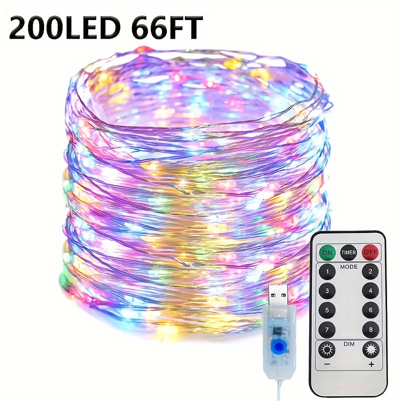 USB灯串 | 66FT 200LED, 33Ft 100 LED, 16.4FT 50LED 变色银丝灯，带8种照明模式遥控器，适用于工艺品卧室天花板圣诞装饰，彩色铜丝灯，USB供电，包含纽扣电池