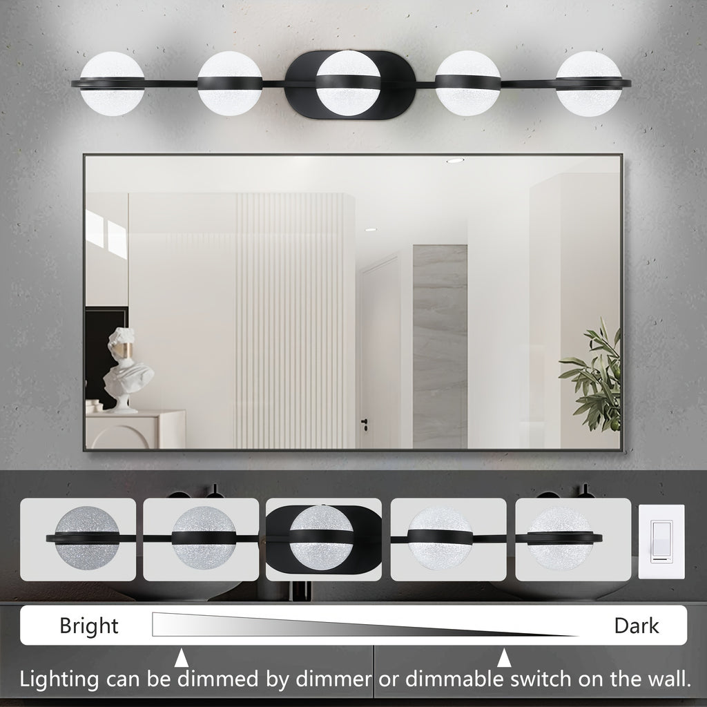 35.4-Inch 5-Light Bathroom Vanity Light, Elegant Bathroom Wall Light, Modern Minimalist Bathroom Vanity Light, with LED Light and Frosted Acrylic Shade, Wall-Mounted Decorative Lighting, Suitable for Bathroom, Living Room, Bedroom (Black)
