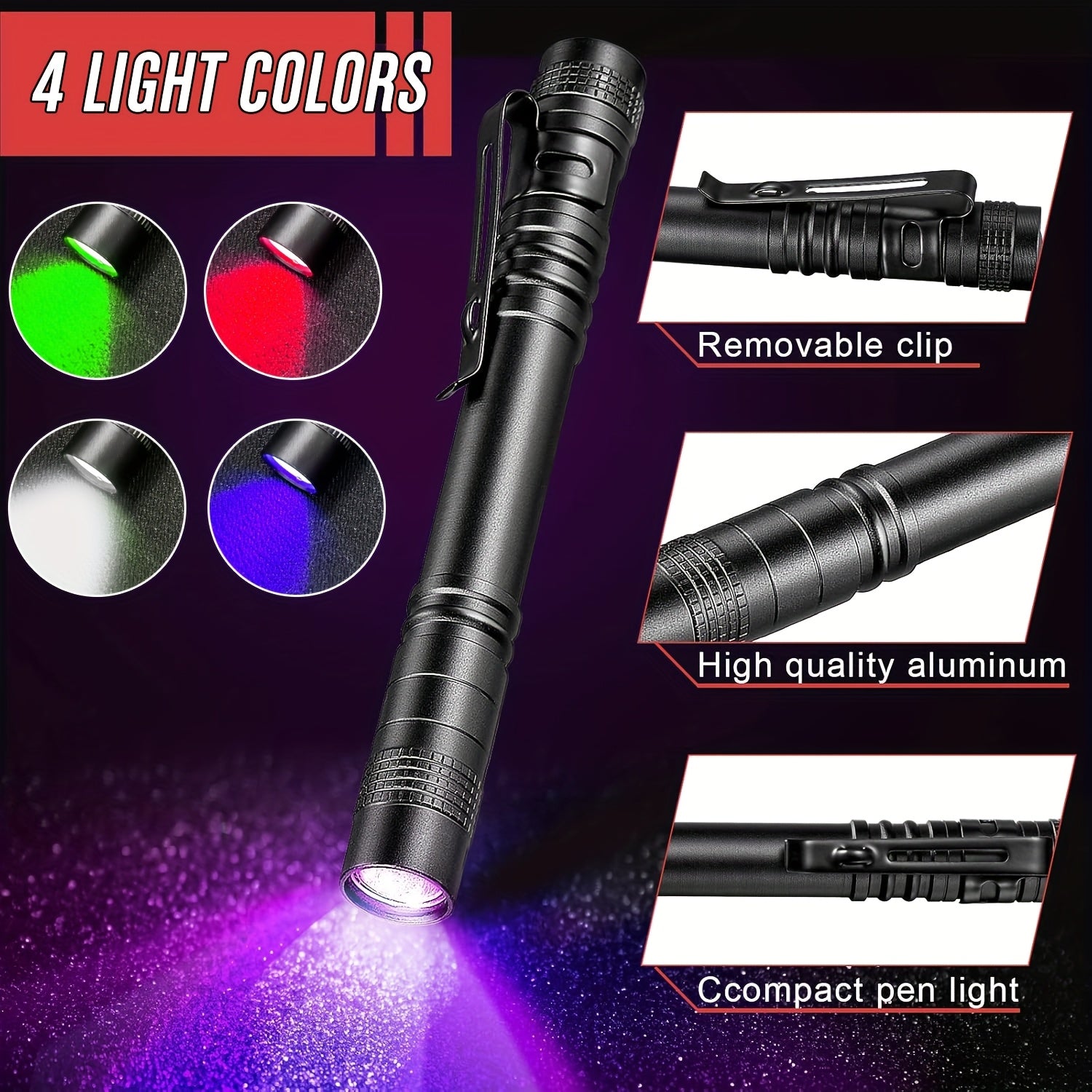 1PC Aluminum UV Flashlight Red Light Green Light Torch White Light 4 Light Colors Optional for Night Lighting Camping Fishing Water Leak Pet Urine Scorpion Hotel Inspection Dry Stains Bed Bugs