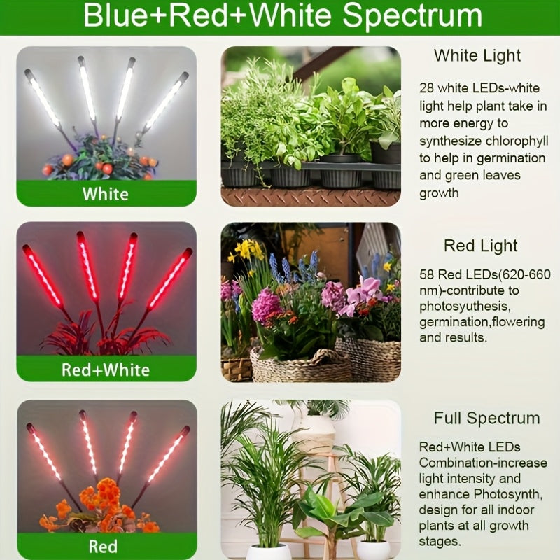 Full Spectrum Indoor Plant Grow Light, Built-in 80 LED Beads, Suitable for 15 to 60 Inch Plants, Equipped with Adjustable Tripod and 4 Lamp Heads