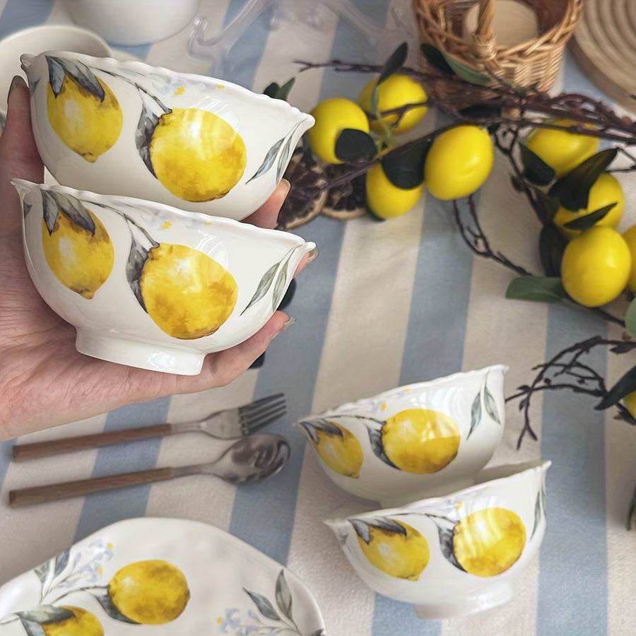 2/4pcs Lemon Pattern Ceramic Dinnerware – Rice Bowl, Cereal Bowl, Salad Plate, Fruit Plate, Steak Plate – Perfect for Restaurant, Hotel, Parties, Harvest Festival – Microwave Safe