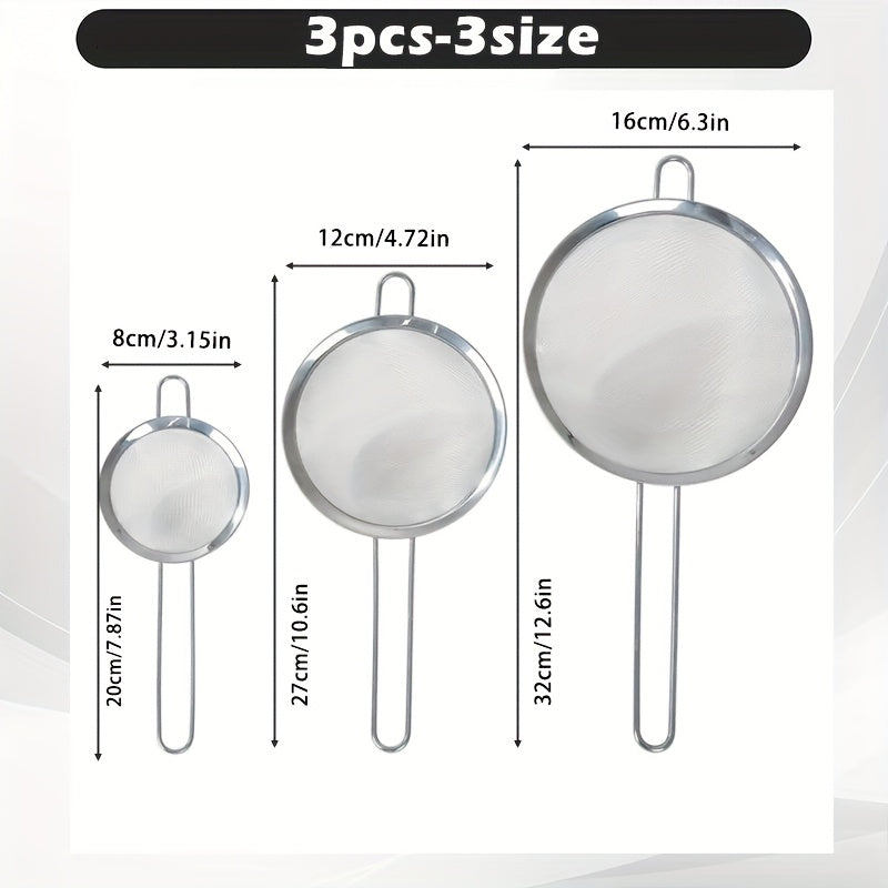 3Pcs Stainless Steel Fine Mesh Strainer Set, Precision Sieve for Juice, Flour, Pasta, Fruits and Vegetables, Effectively Separate Snack Oil, Essential Kitchen Baking Tool with 3 Sizes for Multi-purpose Use
