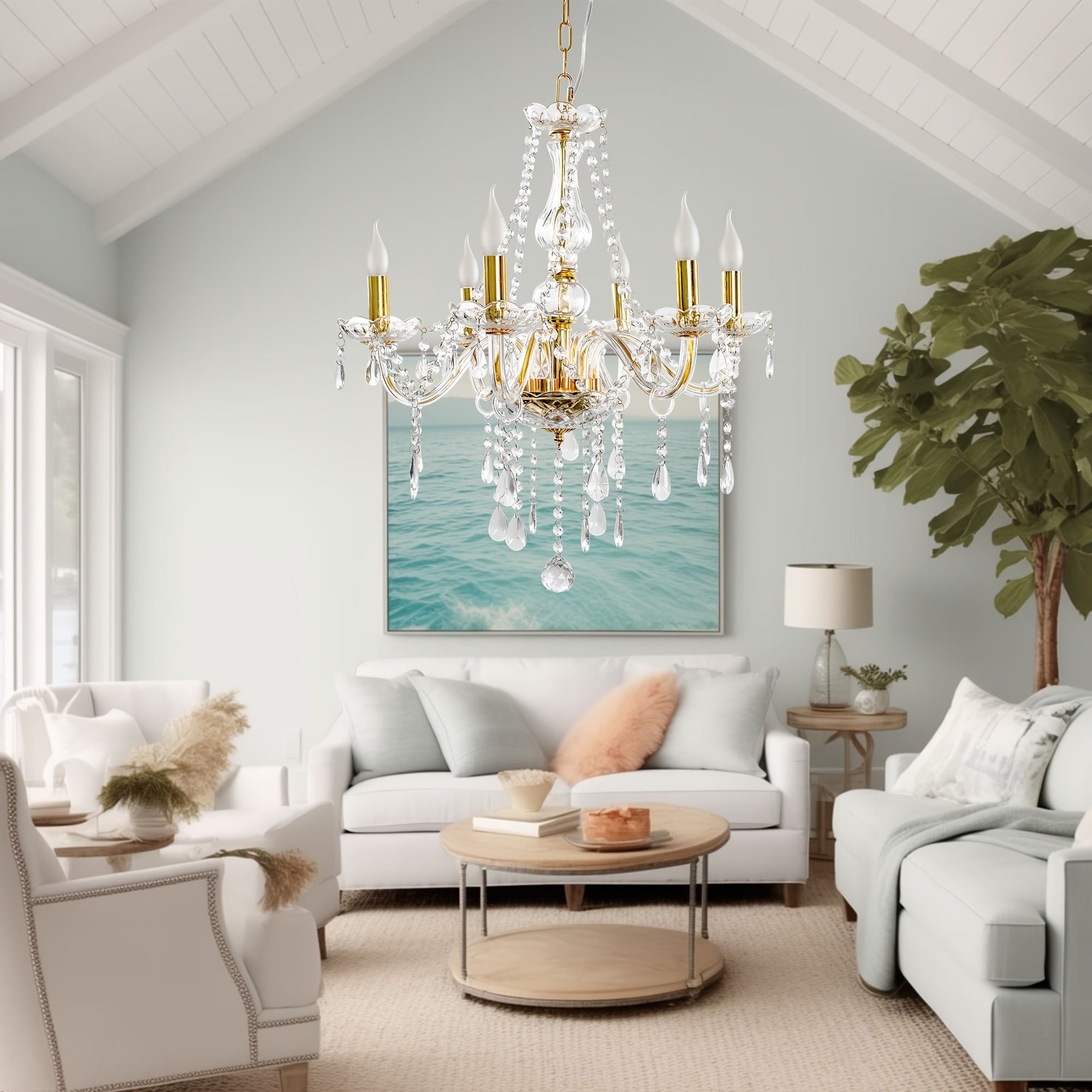 Modern gold crystal chandelier, 6-light branched pendant light, with chain, elegant chandelier, suitable for dining room, bedroom, living room, hotel, home decorative lighting, E12 base, bulbs not included