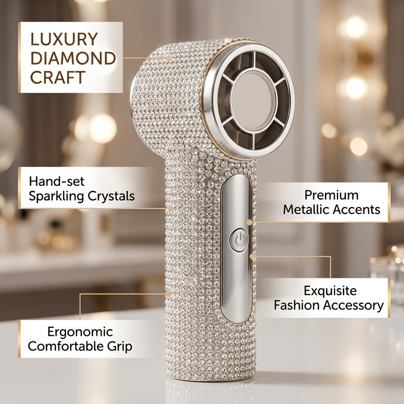 New Rhinestone Turbo High-Speed Handheld Fan, 100-Step Stepless Speed Regulation, Must-Have for Outdoor Travel & Activities, Portable Mini Fan with Strong Wind & Long Battery Life