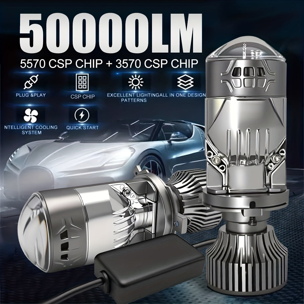 Two H4-QD054 Super Bright 6500K White Light CSP LED Headlights, Luminous Flux Up to 50000LM per Pair, Lens Design for Ideal Beam, Built-in Driver with Fan for Extended Lifespan, No Battery Included