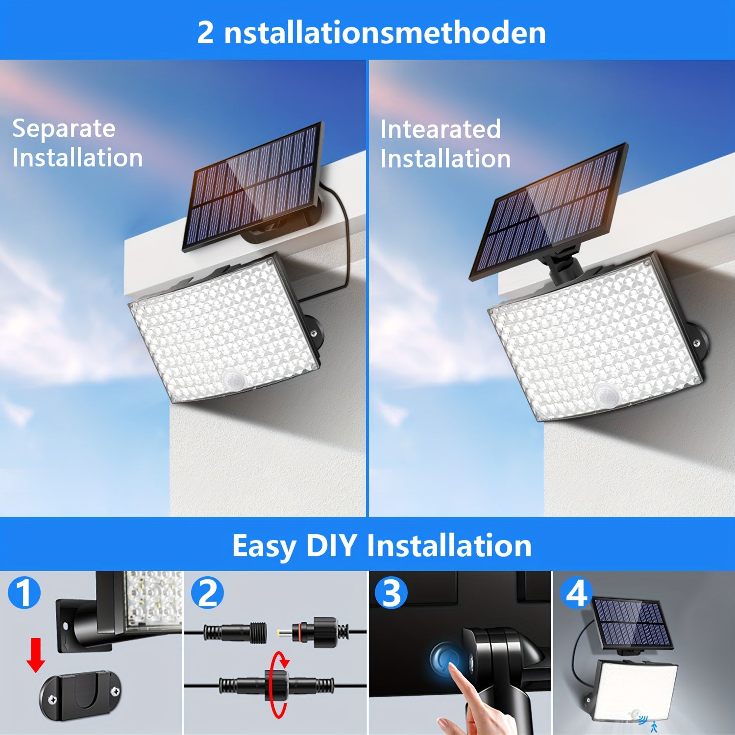 1/2 Pack Outdoor Solar Courtyard Light, with 138 High-Brightness LEDs, Motion Sensor Exterior Wall Light, IP65 Security Light, Wall Light with 16.4FT Cable, Street Light with 3 Lighting Modes, Cool White Light, Perfect for Courtyards and Parks